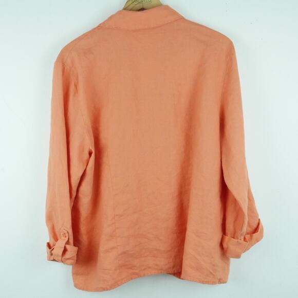 JM Collection Size 16 Top 100% Linen Orange Button Up Roll Tab Sleeve Beachy - Picture 6 of 7